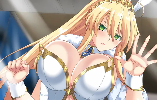 Girl, sexy, cleavage, blouse, green eyes, long hair, boobs, anime