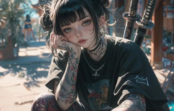 Tattoo, Katana, Anime Girl, AI Generated