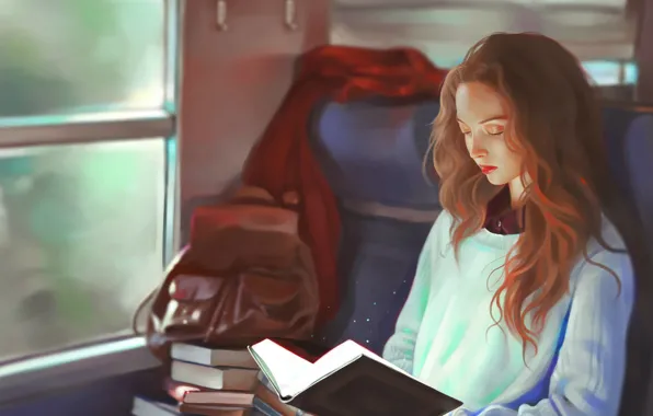 Девушка, книги, окно, вагон, рыжая, рюкзак, art, свитер