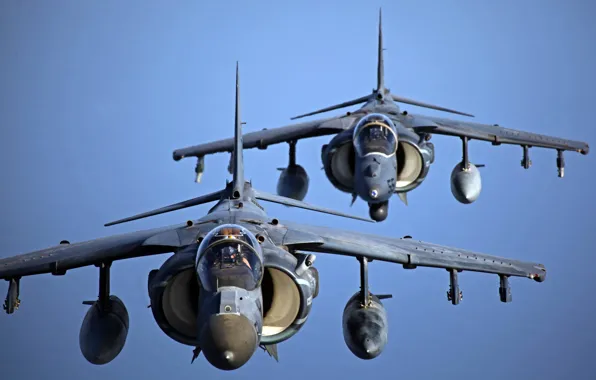 Картинка небо, полет, истребители, пара, штурмовики, AV-8B, Harriers