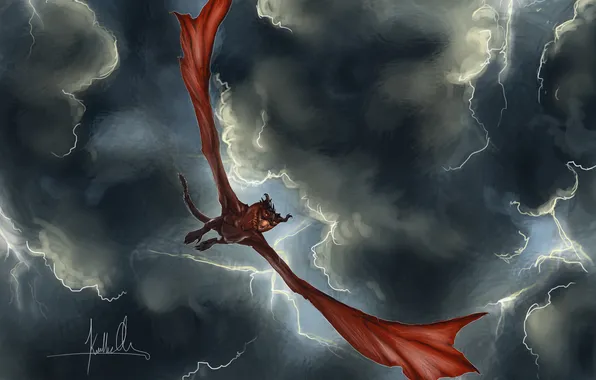 Картинка небо, полет, тучи, фантастика, крылья, арт, пасть, красный дракон
