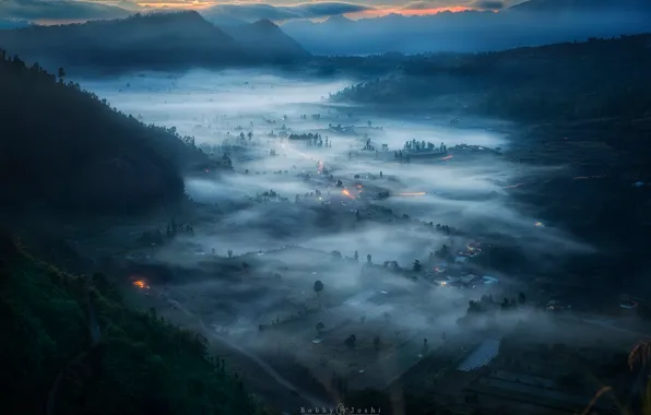 Картинка горы, туман, утро, долина, Индонезия, остров Бали