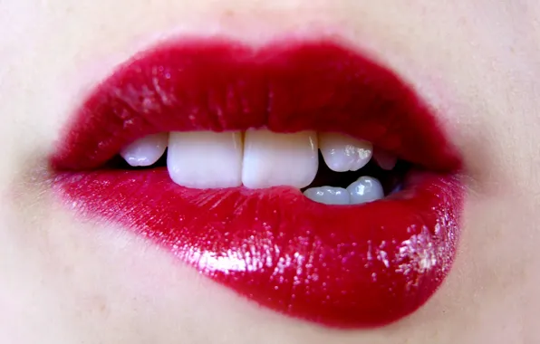 Картинка девушка, лицо, зубы, рот, помада, губы