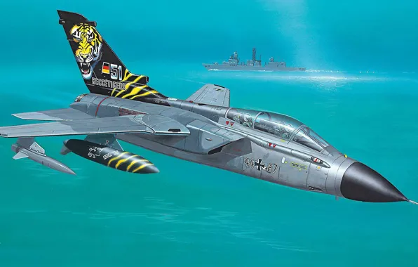 Картинка море, рисунок, корабль, арт, истребитель-бомбардировщик, Panavia Tornado