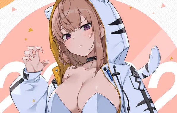 Girl, sexy, cleavage, long hair, brown hair, boobs, animal ears, anime