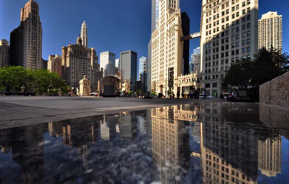 Картинка city, отражение, небоскребы, лужа, USA, америка, чикаго, Chicago