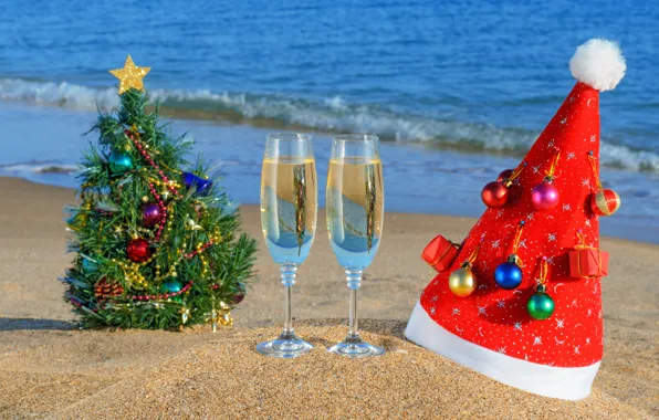 Картинка песок, море, пляж, океан, праздник, игрушки, новый год, рождество