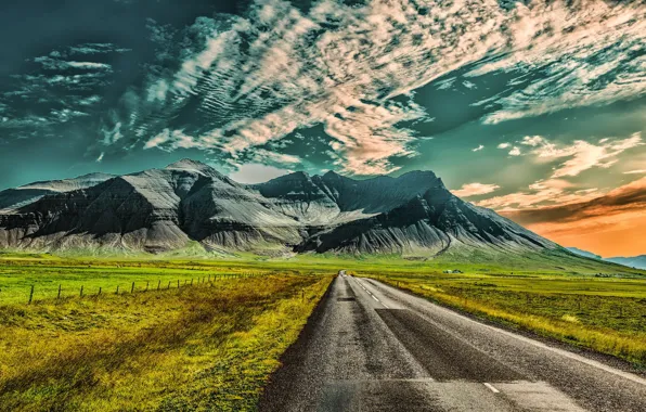 Облака, Iceland, небо, дорога, Исландия, Hafursfell, гора