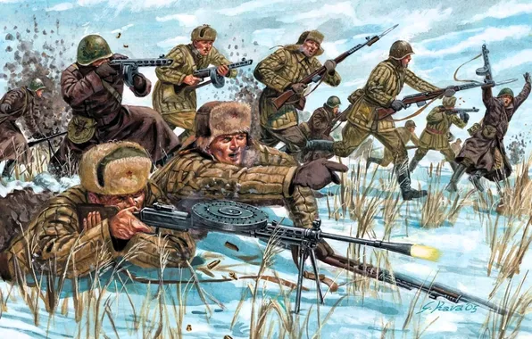 Зима, снег, оружие, война, атака, бой, солдаты, сражение