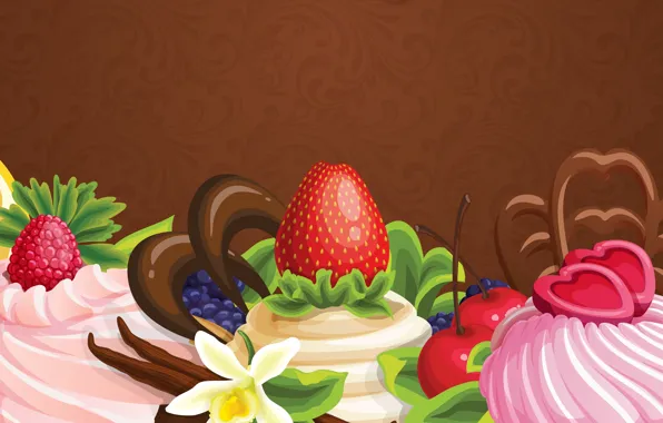 Цветы, абстракция, ягоды, сладость, шоколад, пирожное, фрукты, крем