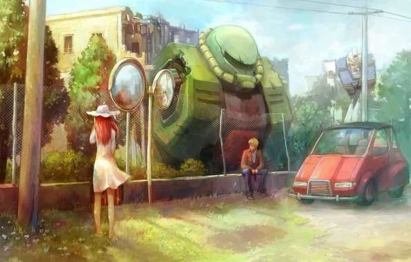 Картинка машина, девушка, город, забор, здания, робот, шляпа, арт