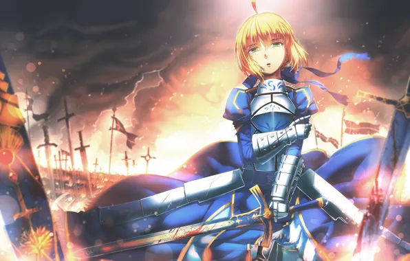 Девушка, кровь, доспехи, мечи, saber, fate stay night, anime, art