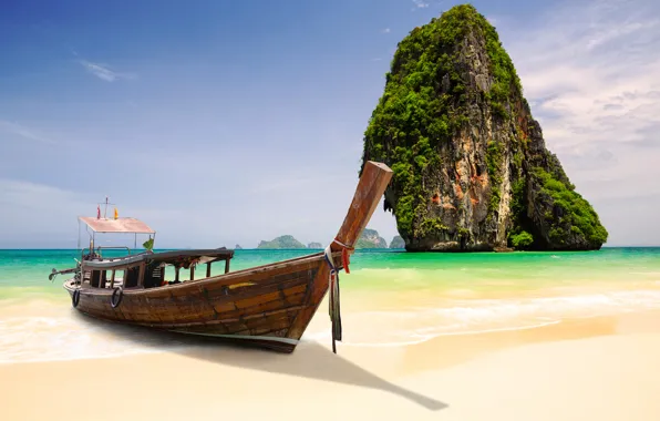 Картинка скала, лодка, Таиланд, Thailand, островок, Краби, Phang Nga Bay, залив Пхангнга