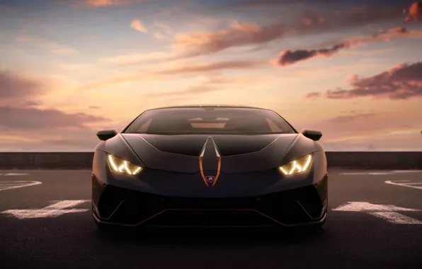 Картинка облака, Lamborghini, горизонт, спорткар, автомобиль, вид спереди, Huracan, Lamborghini Huracan