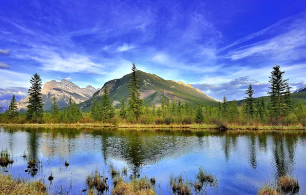 Небо, пейзаж, горы, природа, озеро, Канада, Альберта, национальный парк Банф