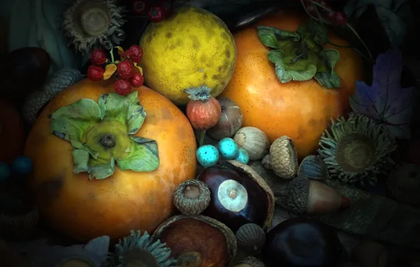 Картинка осень, текстура, орех, плод, желудь, каштан, хурма