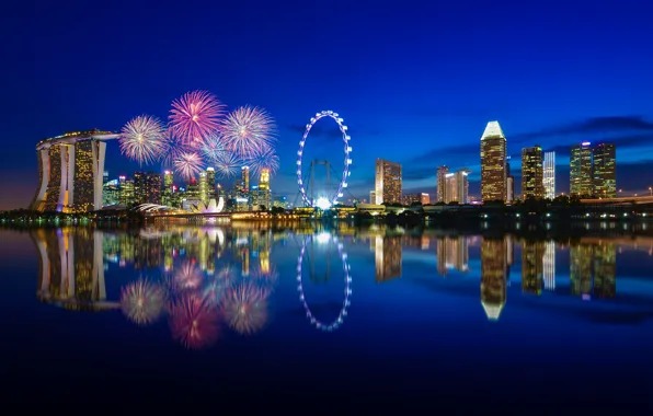 Ночь, огни, отражение, освещение, залив, Сингапур, ночной город, Город-государство