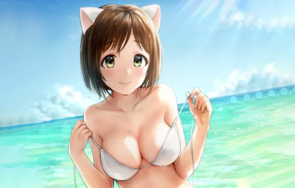 Girl, sexy, cleavage, beach, green eyes, sea, boobs, anime