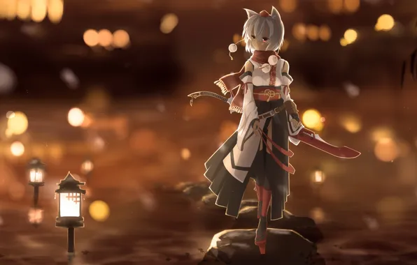 Картинка девушка, огни, оружие, меч, аниме, арт, touhou, inubashiri momiji