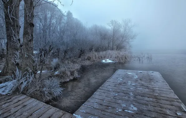 Картинка пейзаж, мост, туман, озеро