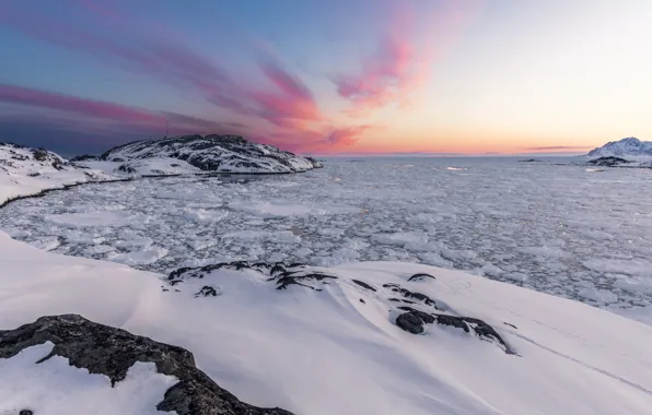 Ice, sky, sea, landscape, nature, sunset, winter, rocks