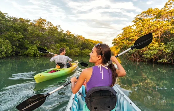 Картинка Девушка, Флорида, Парень, Двое, Речка, Путешествие, Florida, Mangroves