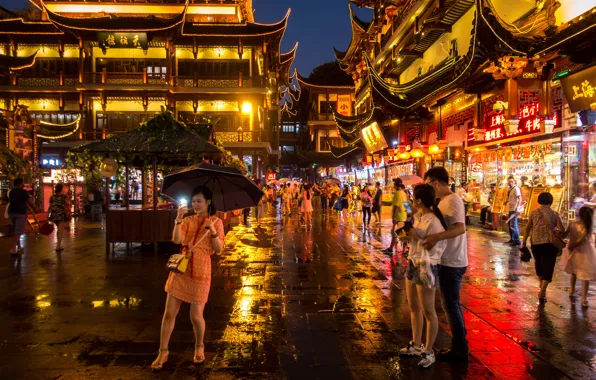 Картинка люди, города, зонтики, Китай, Шанхай, улицы, магазины, быт