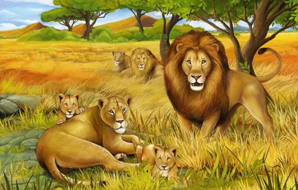 Картинка лев, львята, львица, зверей, король