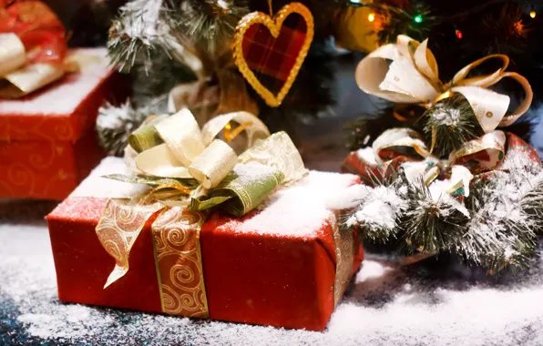 Снег, праздник, коробка, подарок, елка, новый год, ель, лента