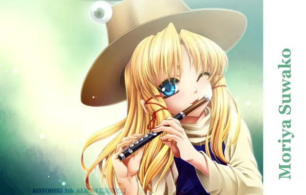 Шляпа, флейта, подмигивание, Moriya Suwako, Touhou Project, дудочка, Проект Восток