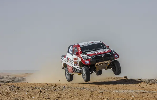 Картинка пустыня, пыль, Toyota, пикап, Hilux, в прыжке, 2020, Rally Dakar