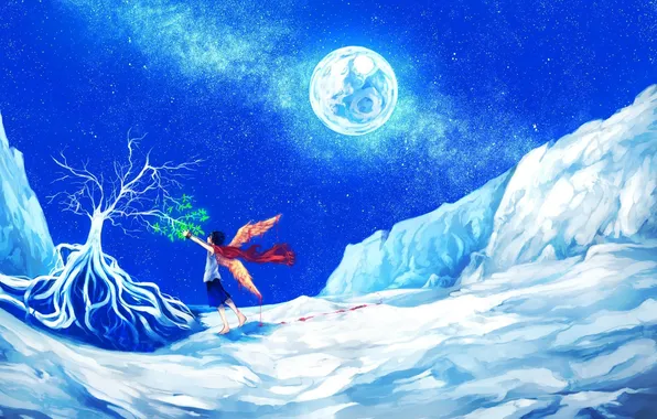 Картинка зима, листья, звезды, снег, ночь, дерево, луна, кровь