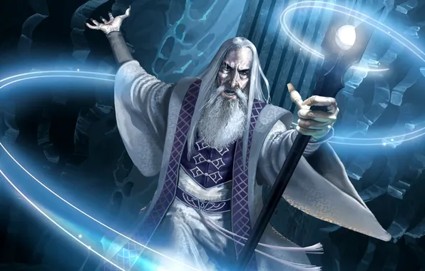 Магия, властелин колец, арт, старик, посох, колдун, the lord of the rings, Saruman