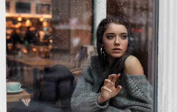 Картинка girl, rain, long hair, photo, blue eyes, model, mood, water drops, bokeh, window, lips, jeans, …