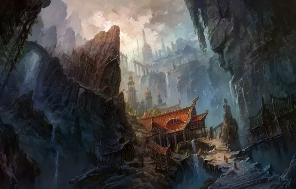 Картинка горы, мост, скалы, китай, здания, водопад, лестница