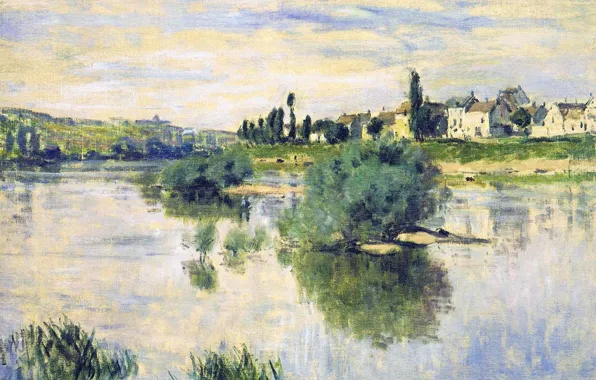 Картинка пейзаж, река, картина, Клод Моне, Сена в Лавакорте