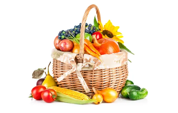 Корзина, подсолнух, кукуруза, лук, виноград, белый фон, тыква, фрукты