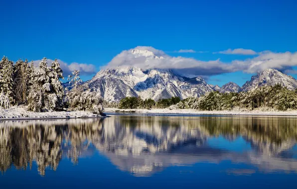 Зима, облака, горы, отражение, река, Вайоминг, Wyoming, Grand Teton National Park