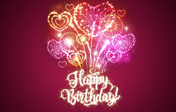 Картинка салют, Happy Birthday, pink, hearts, fireworks, sparkle, День Рождения, design by Marika