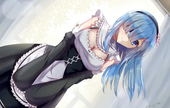Девушка, демон, длинные волосы, anime, горничная, art, Rem, Re: Zero kara Hajimeru Isekai Seikatsu