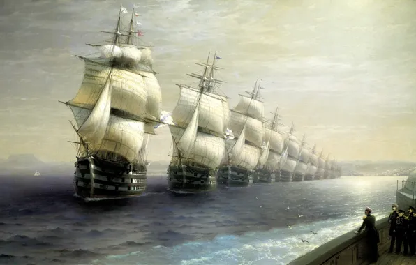 Картинка море, живопись, Айвазовский Иван, смотр войск черноморского флота в 1849 году