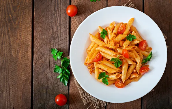 Wood, table, tomato sauce, pasta dish