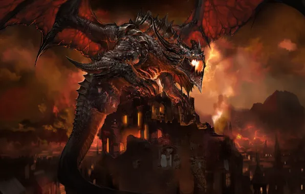 Red, Dragon, Fire, Flames, Buildings, Burning
