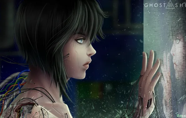 Девушка, рука, киборг, Ghost In The Shell, проводки