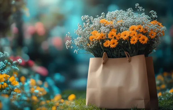 Цветы, букет, сад, пакет, оранжевые, клумба, разные, боке