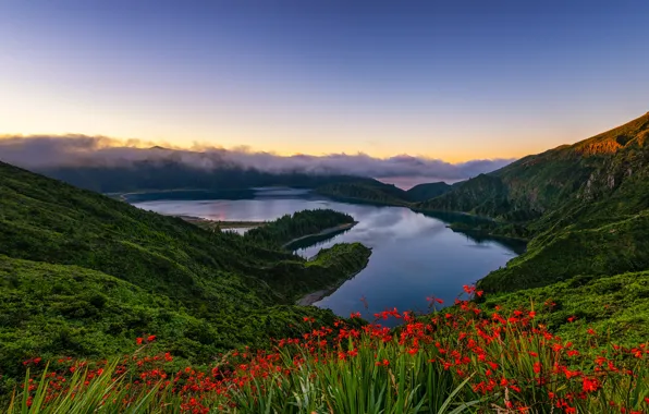 Картинка облака, пейзаж, горы, природа, озеро, леса, Азорские острова, Lagoa do Fogo