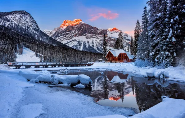 Картинка зима, небо, снег, пейзаж, природа, дом, отражение, река