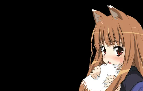 Хвост, румянец, черный фон, ушки, Волчица и пряности, смущение, Spice and Wolf, Holo
