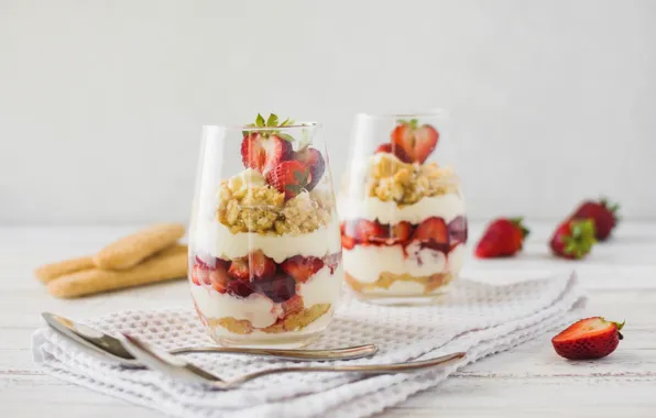 Клубника, десерт, dessert, Cream, Biscuit, Strawberries