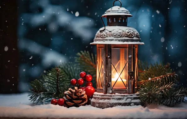 Новый Год, snowy, snow, снег, зима, украшения, lantern, Рождество